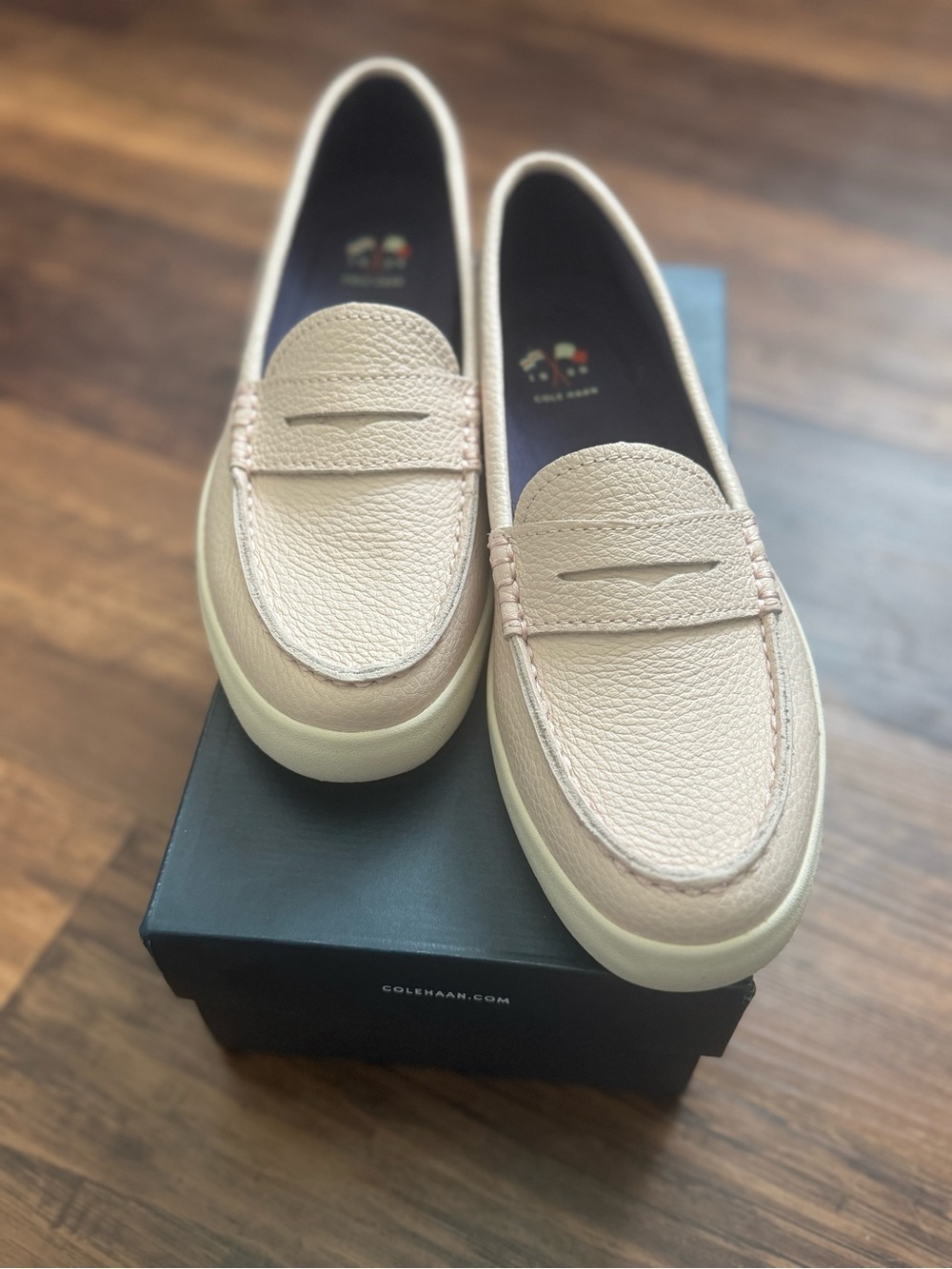 Cole Haan Pale Pink Blush Pebbled Leather Penny Loafers